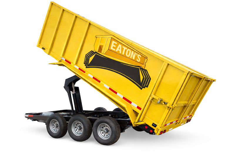 Bright yellow roll-off dumpster trailer tilted upward on a triple-axle chassis, featuring the Eaton’s logo on the side against a white background.