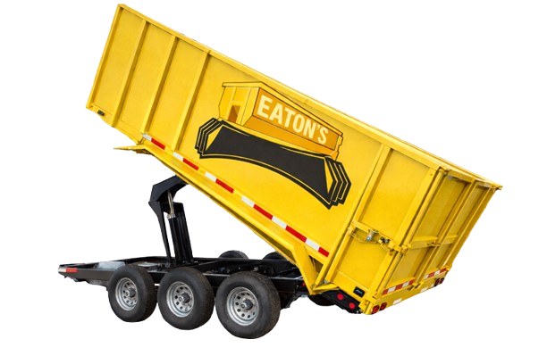 Yellow roll-off dumpster trailer with Eaton’s logo and raised bed for construction debris removal.