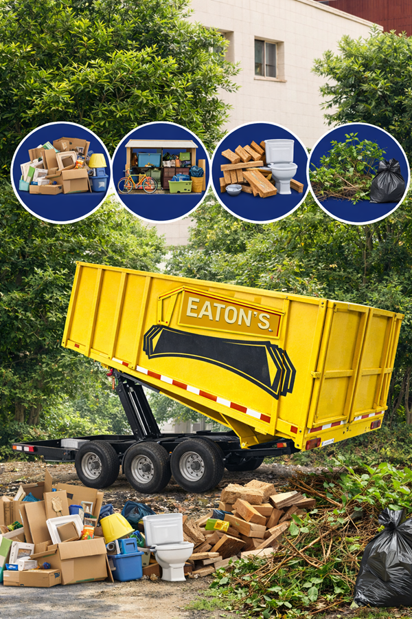 Yellow roll-off dumpster at residential cleanup site with mixed debris and junk icons above.