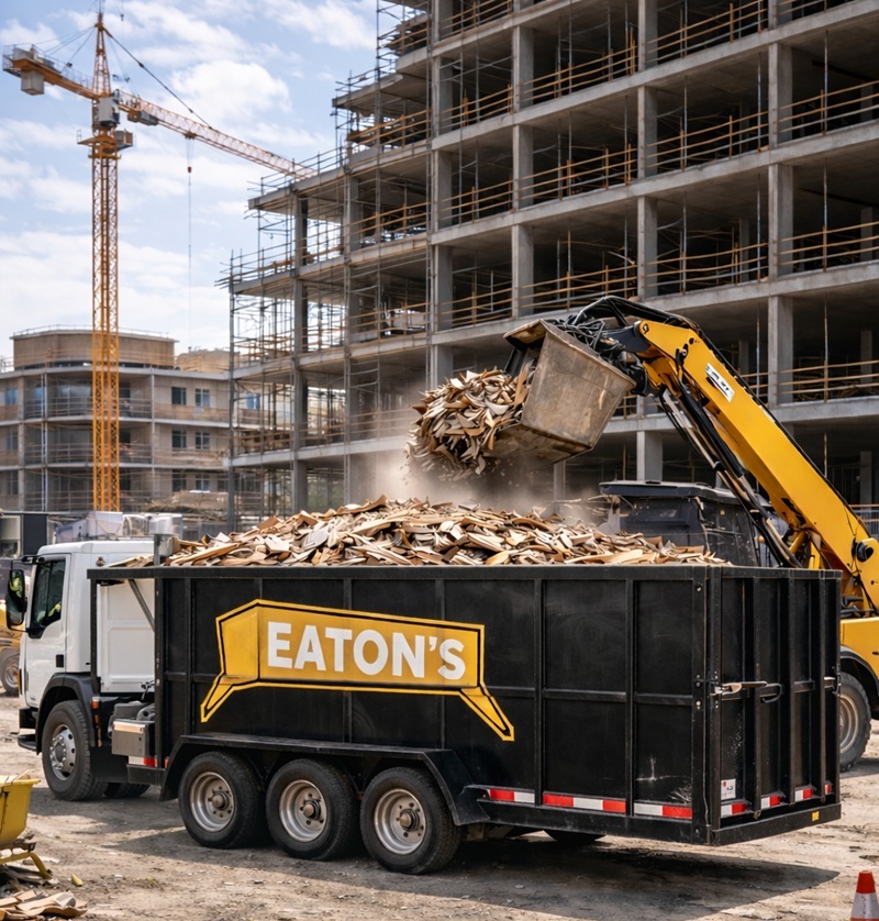 Eaton’s Construction dumpster truck at active construction site, loader filling large black roll-off container with wood debris near multi-story building project.