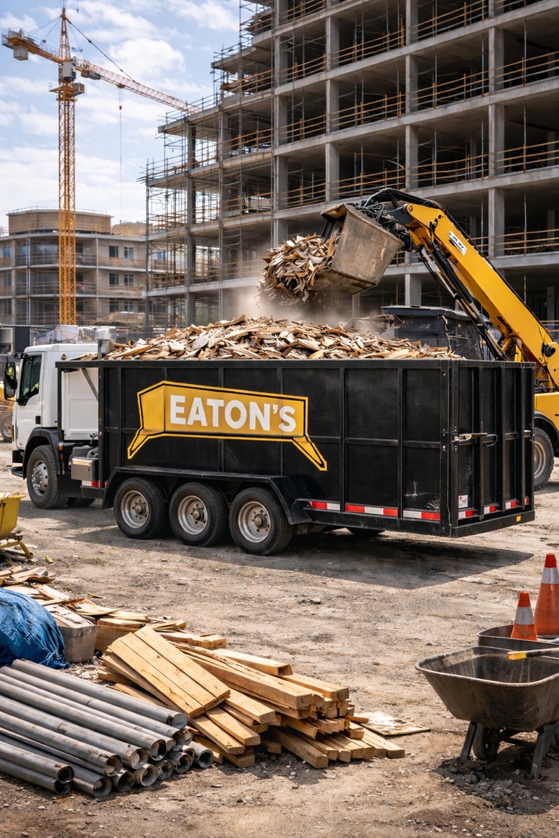 Eaton’s black dumpster trailer being loaded with wood debris by an excavator at a commercial construction site.