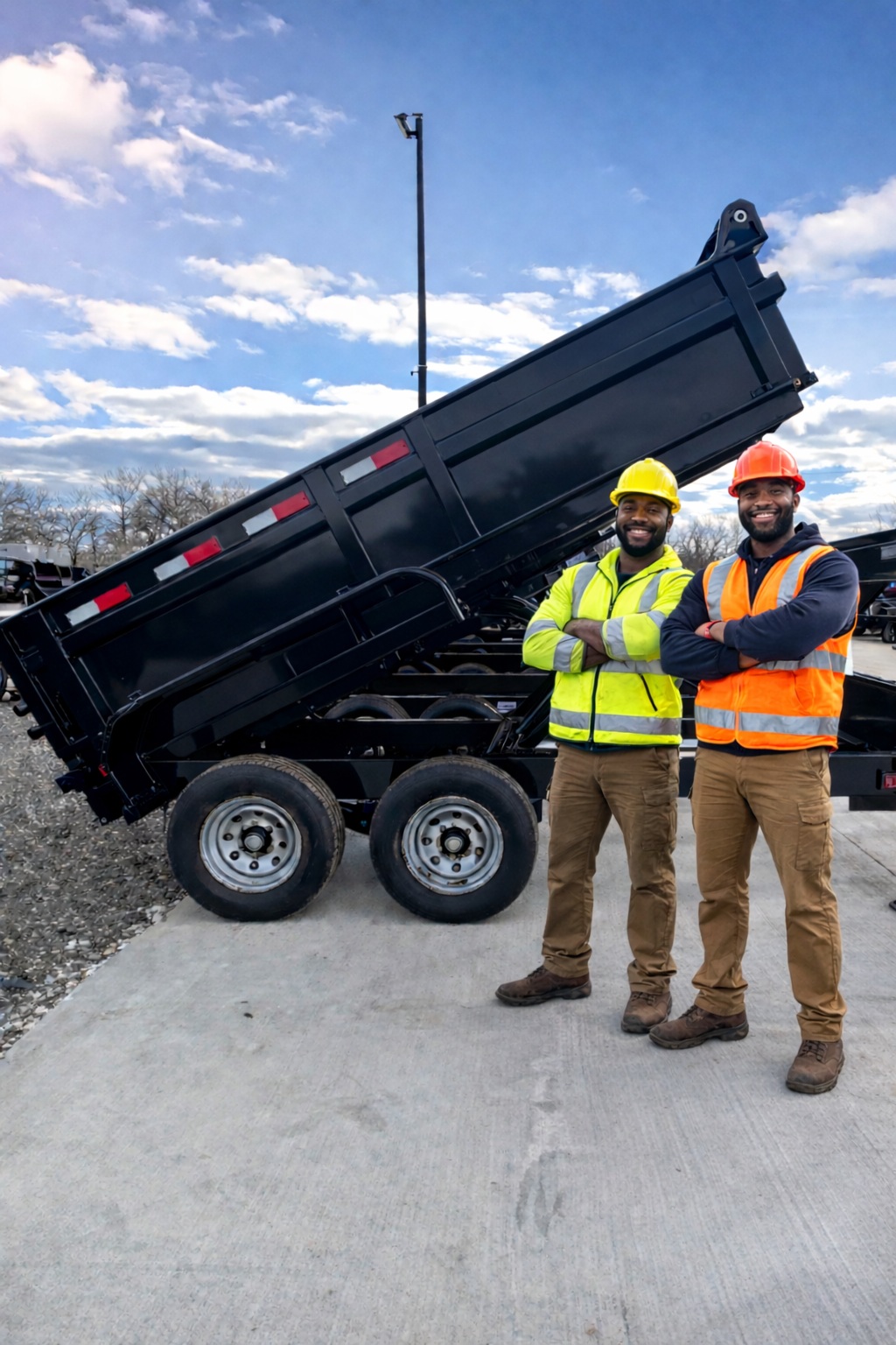 Two workers in safety gear standing beside a raised black dumpster trailer at a construction and waste removal site.