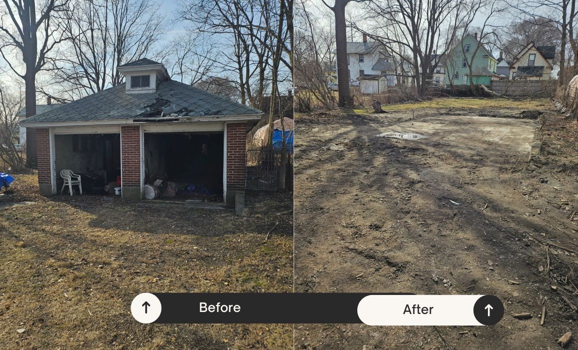 Before and after image of garage demolition, showing old brick garage replaced with cleared and leveled lot.