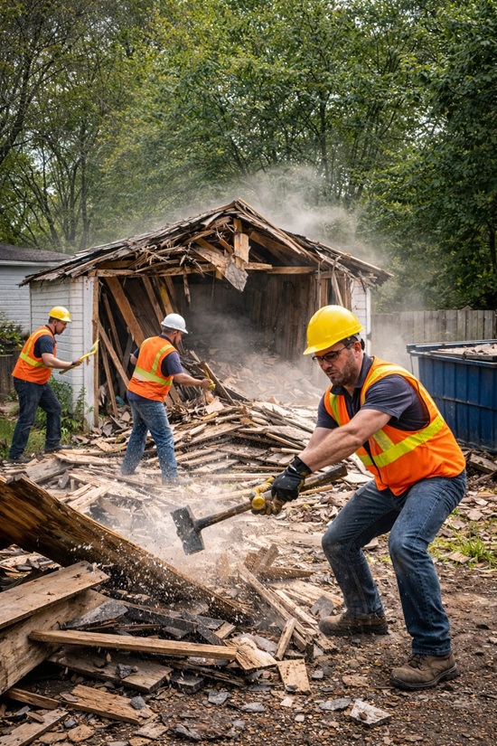 Construction workers demolishing wooden garage structure with sledgehammers, debris removal in residential backyard demolition project.
