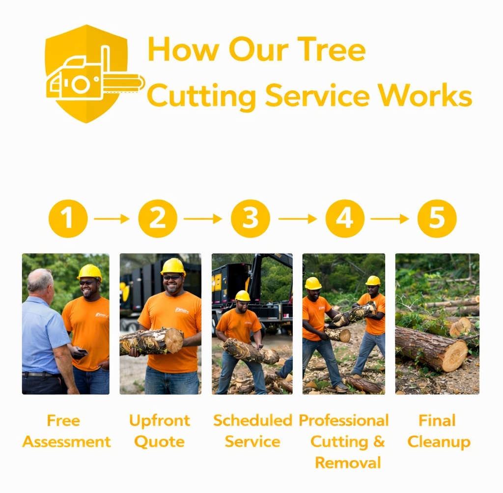 Infographic showing how tree cutting service works, including free assessment, upfront quote, scheduled service, professional cutting and removal, and final cleanup steps.