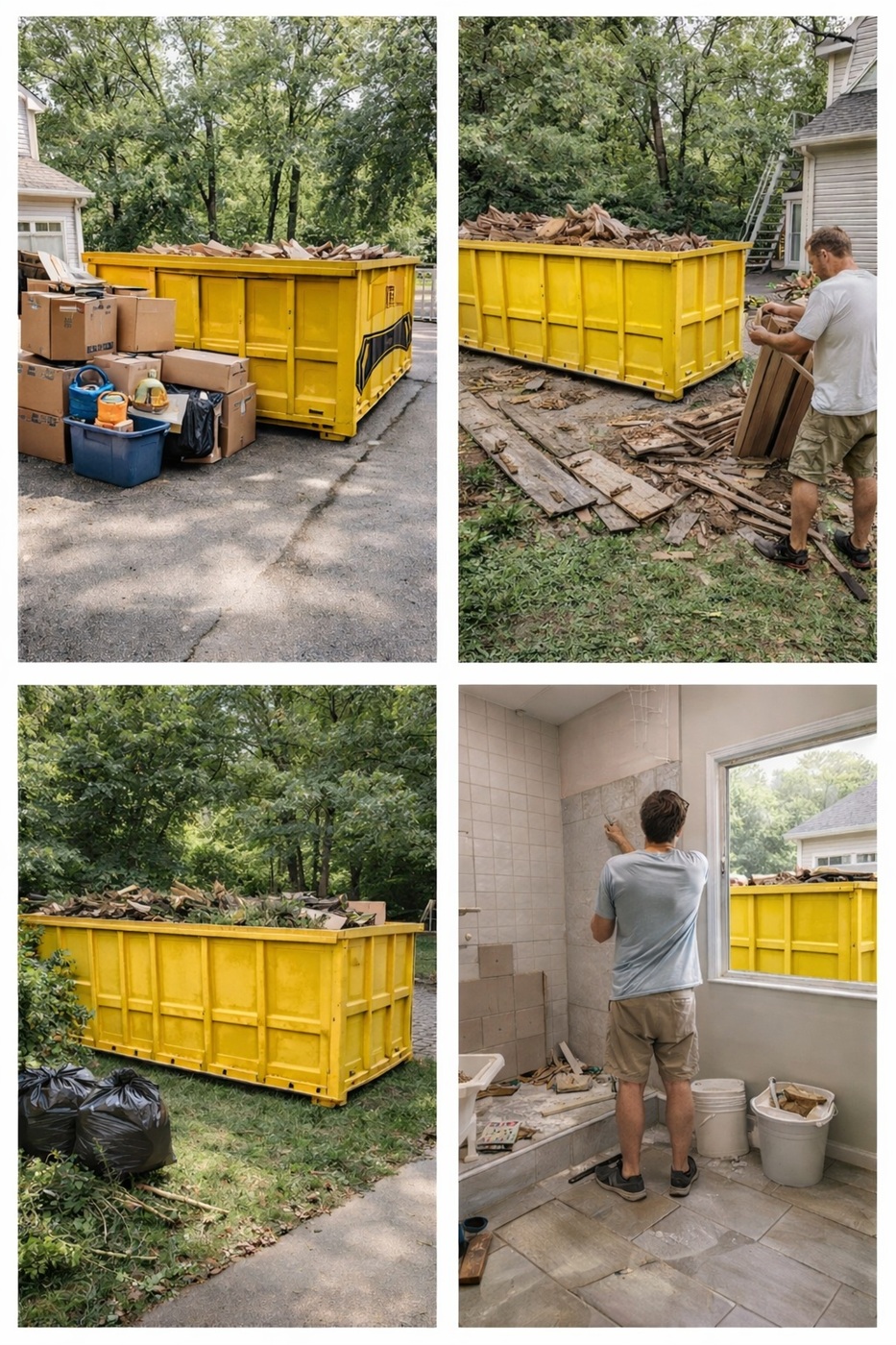 Yellow roll-off dumpster used for home cleanout and renovation debris, including yard waste, wood scraps, and bathroom remodel materials.