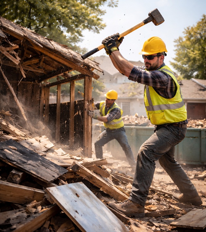 Construction workers demolishing old wooden shed with sledgehammers, residential garage demolition and debris removal project.