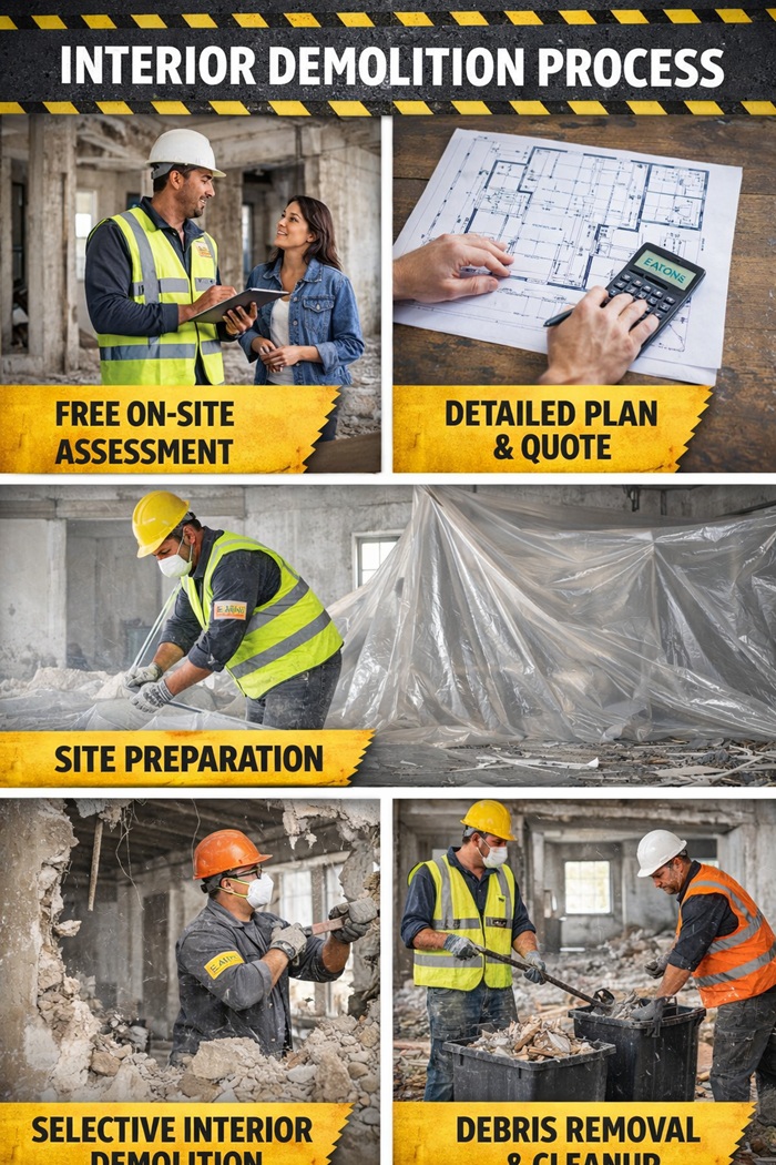 Interior demolition process infographic showing free on-site assessment, detailed plan and quote, site preparation, selective interior demolition, and debris removal and cleanup steps.
