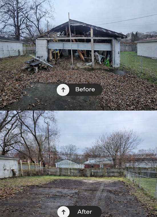 Before and after garage demolition photo showing damaged detached garage replaced with cleared and leveled backyard area.