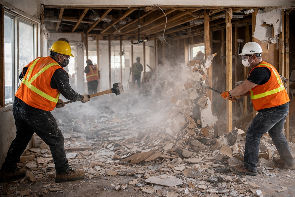 Construction workers performing interior demolition, breaking down walls with sledgehammers inside residential renovation project.