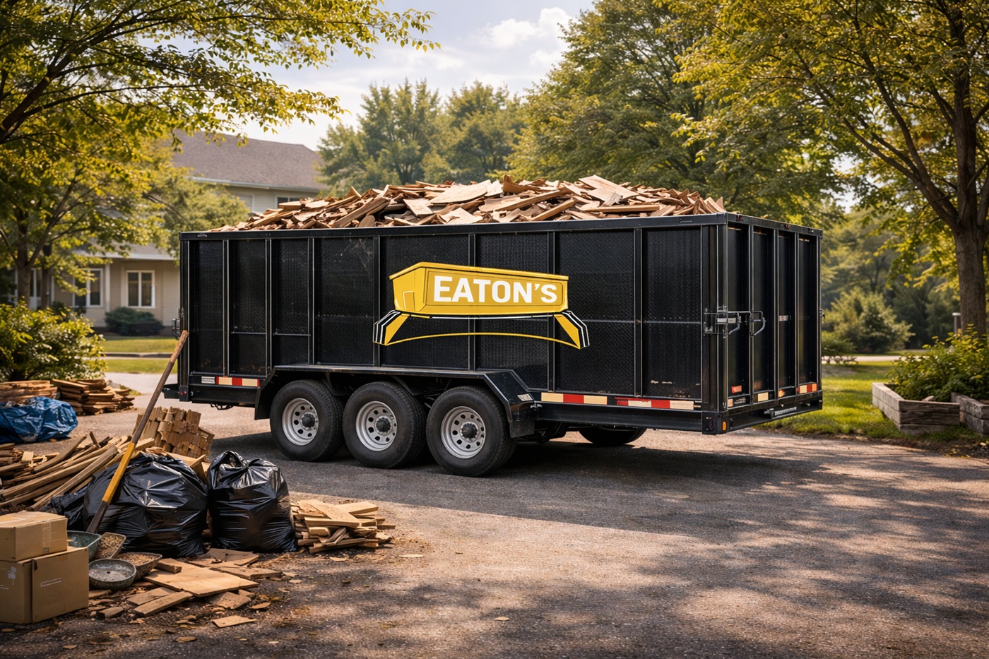 Eaton’s black roll-off dumpster filled with wood debris parked in a residential driveway for home renovation cleanup.