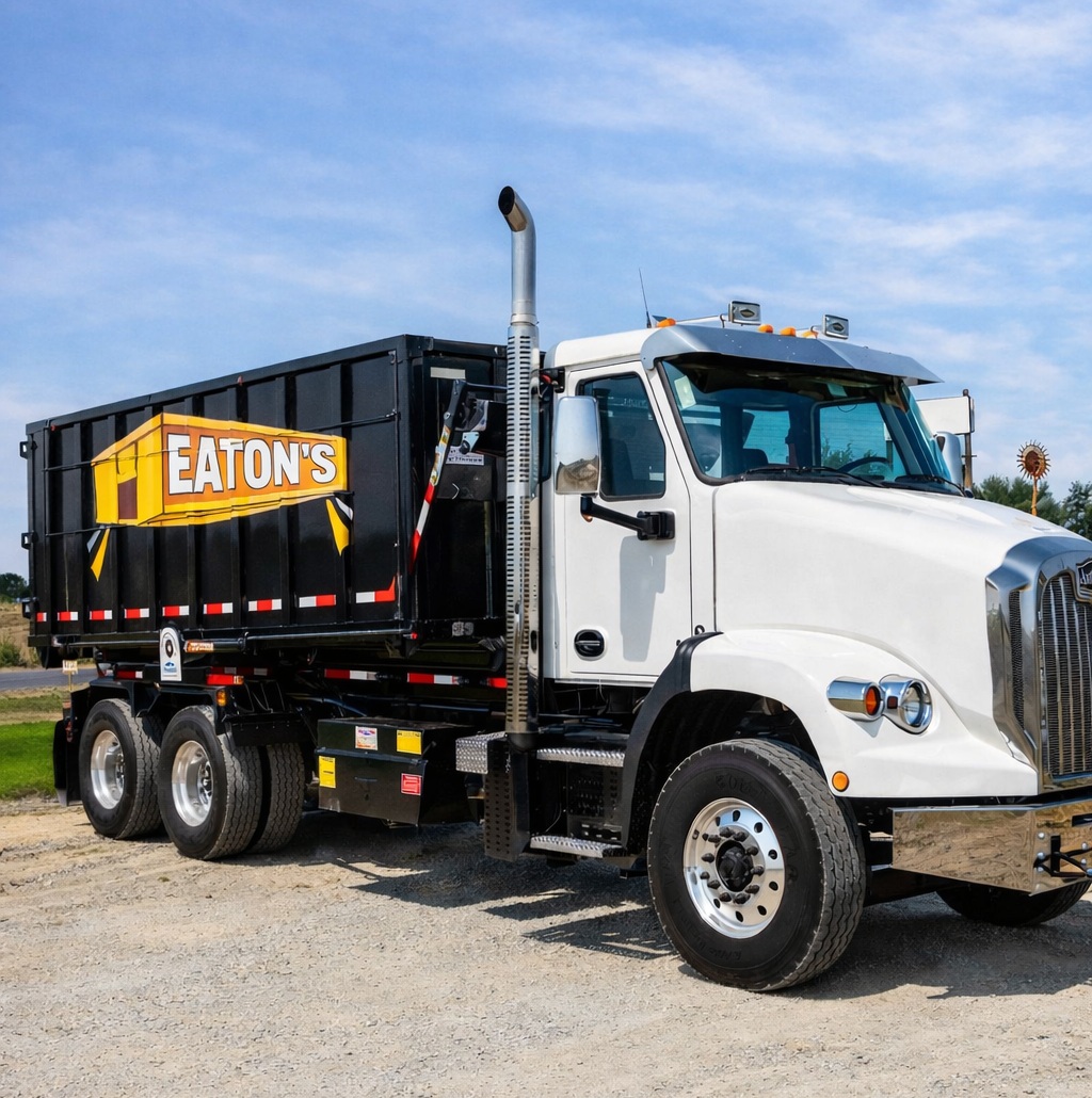 Eaton’s Construction dumpster truck parked outdoors, heavy-duty roll-off container for residential and commercial waste removal projects.