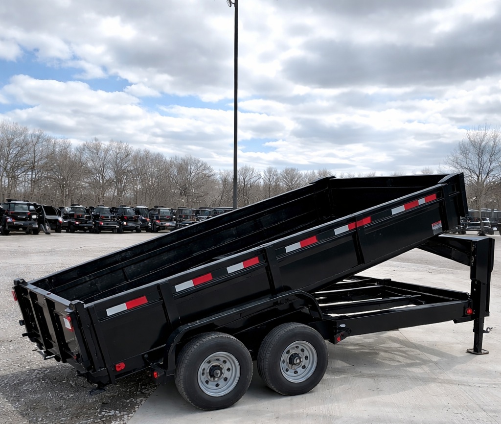 Black dump trailer raised for unloading in parking lot, heavy-duty dumpster trailer for construction debris and residential cleanup projects.