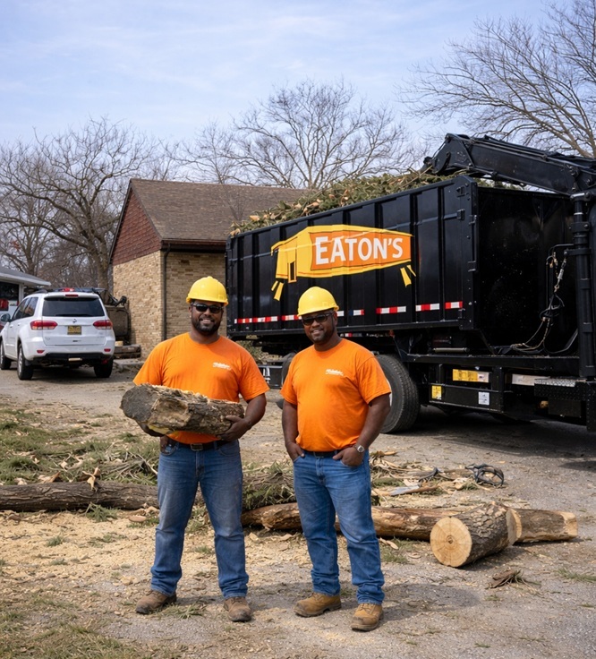 Eaton’s Construction crew members in safety helmets standing beside dumpster truck with tree debris, professional yard cleanup and waste removal service.