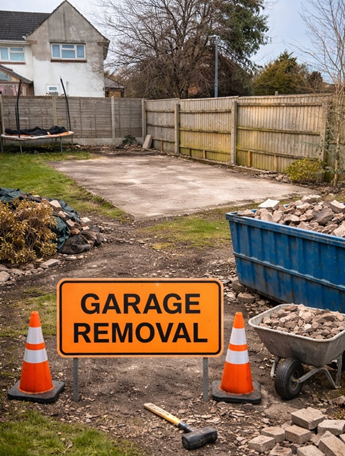 Garage removal project showing cleared concrete slab, debris container, and warning sign in residential backyard.