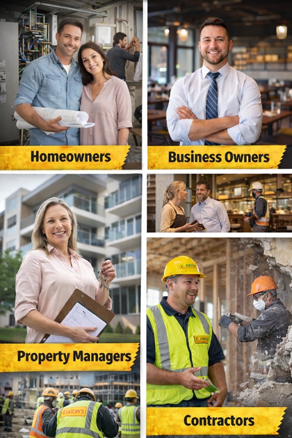 Infographic showing target clients for demolition services, including homeowners, business owners, property managers, and contractors.