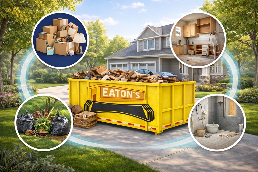 Yellow Eaton’s dumpster in driveway for home cleanout and renovation waste disposal.
