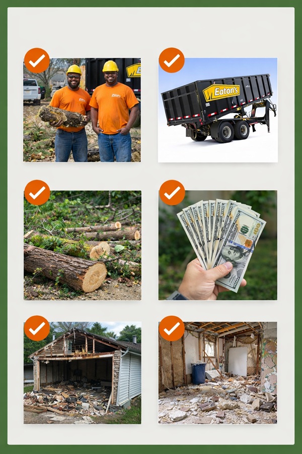 Tree cutting and demolition service collage featuring crew members, dumpster trailer, cut logs, cash savings, garage demolition, and interior demolition cleanup.