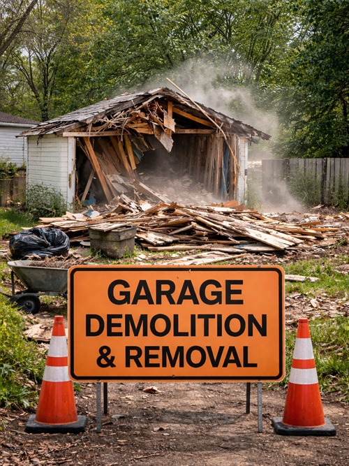 Garage demolition and removal project with collapsed wooden structure, debris pile, and warning sign in residential backyard.